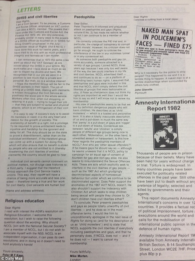 'People of different ages being nice to each other': The autumn 1982 edition of Rights, the in-house magazine of the NCCL. Self-confessed paedophile Mike Morten's letter was published on page 9 (pictured centre)
