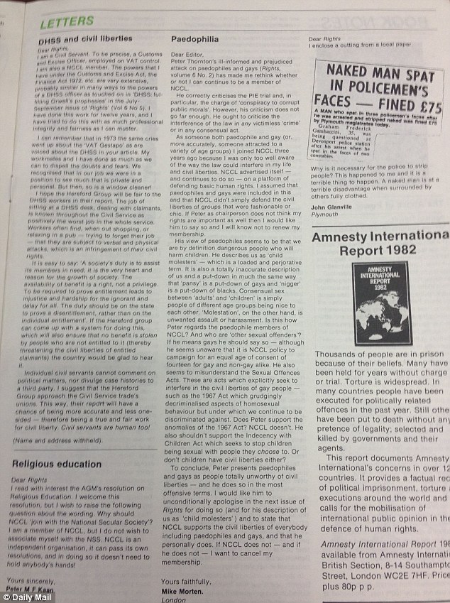 'People of different ages being nice to each other': The autumn 1982 edition of Rights, the in-house magazine of the NCCL. Self-confessed paedophile Mike Morten's letter was published on page 9 (pictured centre)