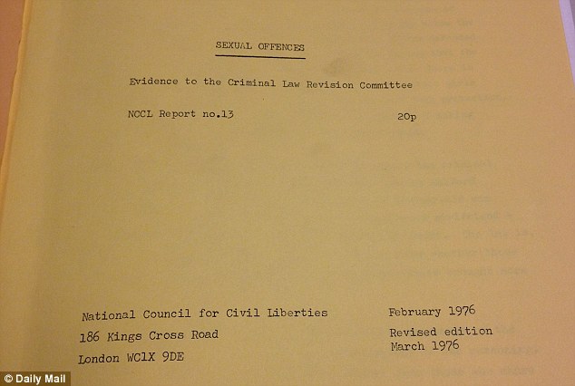 Document: This is the cover page of the NCCL's submission to Parliament on the 1976 Sexual Offences Act held at the LSE library, which suggests that the age of consent be lowered to 14